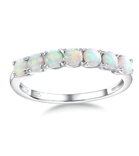 Birthstone Wedding Band Eternity Rings 925 Sterling Silver Rings Stackable Anniversary Engagement Rings Cubic Zirconia Inlaid Created Garnet/Amethyst/Sapphire Ring 7 Stone Ring, Size 6 to 10 - color: Opal
