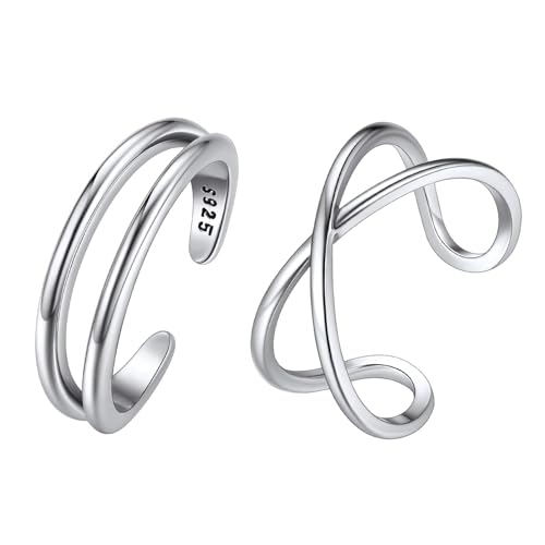 ChicSilver Toe Rings for Women 925 Sterling Silver Adjustable Toe Ring | 925 sterling silver, hypoallergenic for sensitive skin, adjustable open band, summer beach wear gift - color: K: Simple Rings Set (2 PCS)