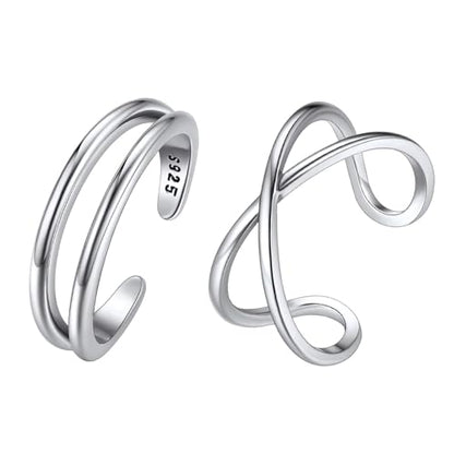 ChicSilver Toe Rings for Women 925 Sterling Silver Adjustable Toe Ring | 925 sterling silver, hypoallergenic for sensitive skin, adjustable open band, summer beach wear gift - color: K: Simple Rings Set (2 PCS)