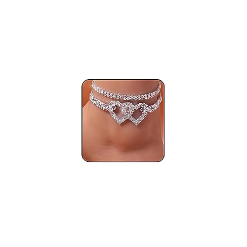 Sora Tuki Ankle Bracelets for Women Tennis Rhinestone Anklets for Women Butterfly Heart Star Cross Anklet Bracelet for Women Plus Size Anklet Bracelets for Big Ankle Beach Foot Jewelry - style: 2 - layer double heart
