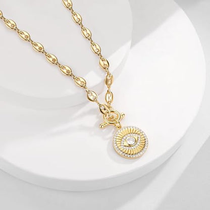 NUZON Sunburst Heart / 2-Tone Interlocking/CZ Evil Eye/Single Pearl/Love Heart Pendant Necklace for Women 14K Gold Chain Necklace Chunky Statement Jewelry - color: Evil Eye - Coffee Bean Chain