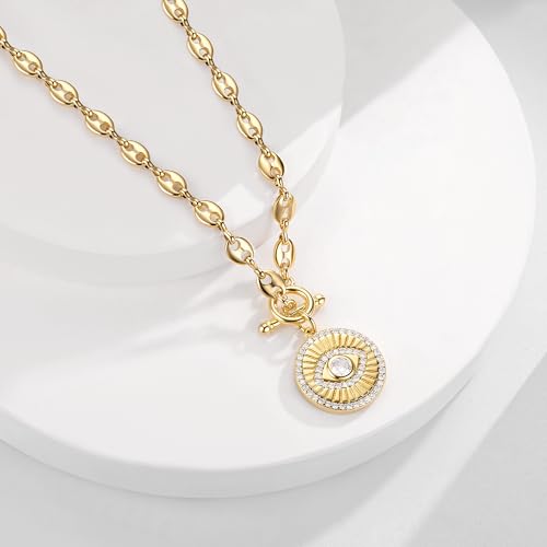 NUZON Sunburst Heart / 2-Tone Interlocking/CZ Evil Eye/Single Pearl/Love Heart Pendant Necklace for Women 14K Gold Chain Necklace Chunky Statement Jewelry - color: Evil Eye - Coffee Bean Chain