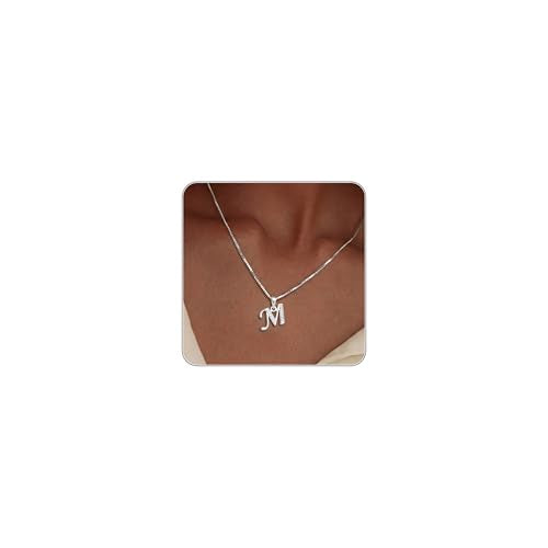 Initial Necklace for Women, 14K Gold Silver Plated Box Chain Letter Pendant, Trendy Name Necklace, Dainty Personalized Charm Jewelry Gift for Her - color: Silver, style: M