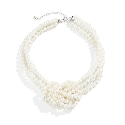 Knot Pearl Choker Necklace For Women 1920s Faux Pearl Bead Statement Necklace Adjustable Twisted Knot Charm Necklaces Jewelry Valentine Christmas Gift - color: White