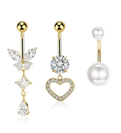 TIANCI FBYJS 3pcs G23 Titanium Pink Belly Button Rings Internally Threaded 10mm Clicker Reverse Curved Hoop Navel Barbell Piercing Jewelry CZ Belly Rings for Women Men - color: gold set 8
