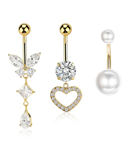 TIANCI FBYJS 3pcs G23 Titanium Pink Belly Button Rings Internally Threaded 10mm Clicker Reverse Curved Hoop Navel Barbell Piercing Jewelry CZ Belly Rings for Women Men - color: gold set 8