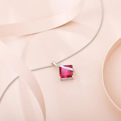 Square Princess Cut Necklace 925 Sterling Silver Solitaire Pendant Necklace Birthstone Jewelry Gifts for Women - color: 07 July - Ruby