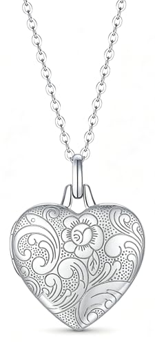 YOUFENG Love Heart Locket 14K Gold-Filled Oval Circle Rectangle Lockets that Hold Pictures Floral Patterns Necklace for Women - style: Silver Heart
