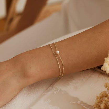 SLOONG 14K Gold Plated Pearl Bracelets for Women Trendy | Dainty Stackable Layered Chain Bridesmaid Bracelets, Waterproof Wedding Jewelry for Women Adjustable 6"+2" - color: Style1(Pearl)