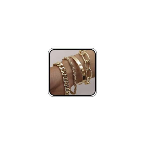 Dainty Boho Chain Bracelets Set for Women Adjustable Fashion Beaded Chunky Flat Cable Chain Punk Bracelets for Women Gift Set of 4 - color: Silver