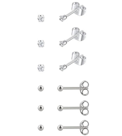 6Pairs 2mm/3mm Surgical Steel Hypoallergenic Piercing Studs, 20G 14K Real Gold Filled Tiny Stud Earrings Set for Multiple Hole Piercing (Cubic Zirconia, Pearl, Ball) - style: M : 2MM Silver Ball & CZ, 6 Pairs