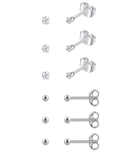 6Pairs 2mm/3mm Surgical Steel Hypoallergenic Piercing Studs, 20G 14K Real Gold Filled Tiny Stud Earrings Set for Multiple Hole Piercing (Cubic Zirconia, Pearl, Ball) - style: M : 2MM Silver Ball & CZ, 6 Pairs
