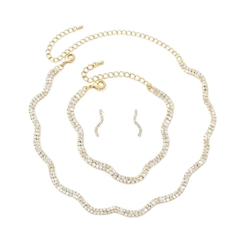 Rhinestone Bridal Jewelry Set, Choker Necklace Earrings Bracelet, Formal Wedding Prom Accessories for Women and Brides - color: Golden