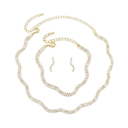 Rhinestone Bridal Jewelry Set, Choker Necklace Earrings Bracelet, Formal Wedding Prom Accessories for Women and Brides - color: Golden