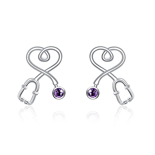 Stethoscope Earrings 925 Sterling Silver Heart Studs Earrings 12 Months Birthstone Crystals from Austria, Graduation Jewelry Gifts for Nurse Doctor RN Medical Student - color: Simulated Amethyst 1