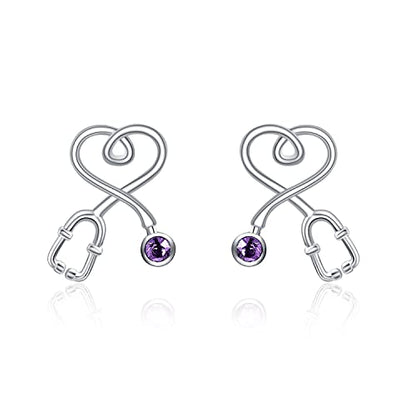 Stethoscope Earrings 925 Sterling Silver Heart Studs Earrings 12 Months Birthstone Crystals from Austria, Graduation Jewelry Gifts for Nurse Doctor RN Medical Student - color: Simulated Amethyst 1