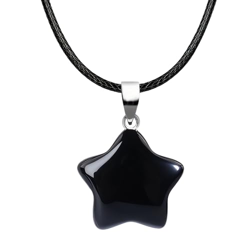 Natural Gemstone Simple Star Choker Necklace for Women, Minimalist Star Pendant Necklaces Adjustable Wax Chain - color: Black Obsidian