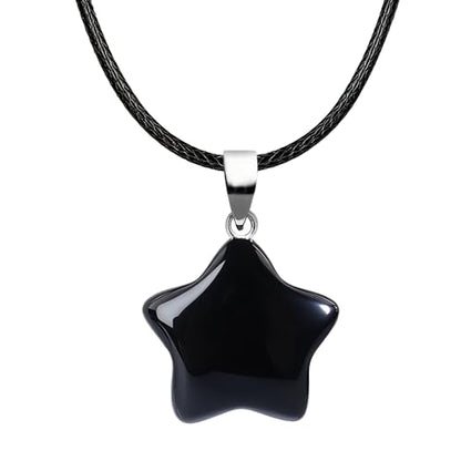 Natural Gemstone Simple Star Choker Necklace for Women, Minimalist Star Pendant Necklaces Adjustable Wax Chain - color: Black Obsidian