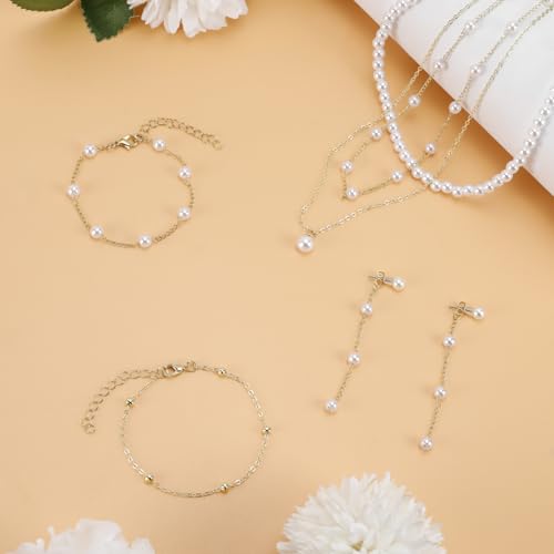 Pearl Jewelry Set for Women Faux Pearl Costume Jewelry Set with Necklace, Bracelets, Ring, Earrings for Wedding Bridal Birthday Tea Party - color: Gold