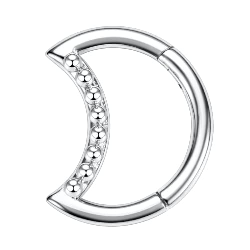Moon Shape Septum Clicker Ring Daith Piercing Jewelry - Stainless Steel Silver Rook Earrings Hinged Segment Clicker Nose Rings Hoop for Conch Helix Cartilage Tragus 8mm