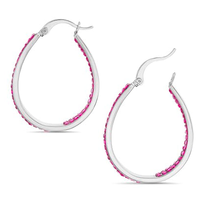 Devin Rose Oval Inside Outside Hoop Earrings for Women Faceted Sparkle Crystals - color: Pink
