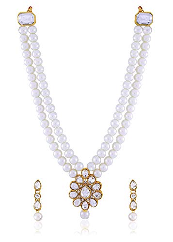Aheli Wedding Faux Kundan Pendant Beaded Necklace Earrings Set Bollywood Indian Bharatanatyam jewellery set Gift for Women - color: White