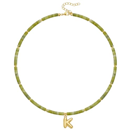 KELORIS PATH Beaded Initial Necklace for Women, 14K Gilded Plated Bubble Letter Pendant Natural Handmade Stone Choker Boho Colorful Summer Beach Jewelry Gift - color: Green Aventurine, style: Letter K