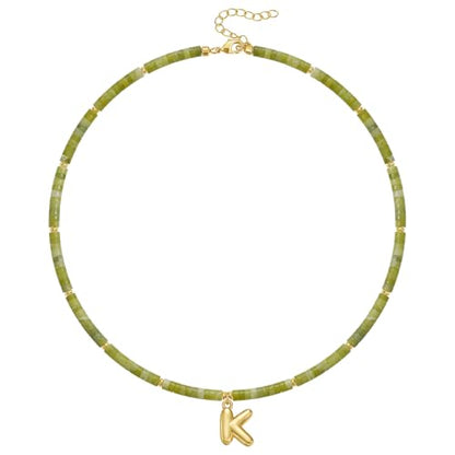 KELORIS PATH Beaded Initial Necklace for Women, 14K Gilded Plated Bubble Letter Pendant Natural Handmade Stone Choker Boho Colorful Summer Beach Jewelry Gift - color: Green Aventurine, style: Letter K