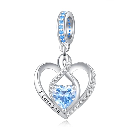 Heart Birthstone Charms for Bracelets, 925 Sterling Silver Women Bead Charms for Charm Bracelets Necklace, Mother's Day Birthday Anniversary Jewelry Gifts for Wife Mom Grandma Daughter - style: Dangle - Mar - Aquamarine
