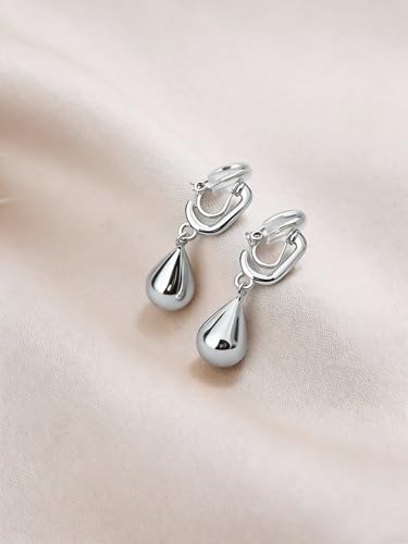 FAN&LOUIS Gold Sliver Teardrop Clip On Earrings for Women，Non-Pierced Trendy Statement Dangle Water Drop Women's Hypoallergenic Clip-On Earrings - style: Silver