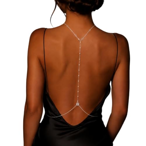 Rhinestone Back Chain Necklace,Crystal Drop BackDrop Jewelry,Wedding Bridal Long Pearl Back Necklace Jewelry for Women Backless Dress - color: Silver