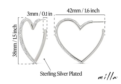 MILLA Heart Hoop Earrings, Silver & Gold Heart Earrings For Women | These Glimmering Heart Hoops are Available in Gold, Rose Gold or Silver Plated Heart Shaped Earrings - color: Sterling Silver Plated