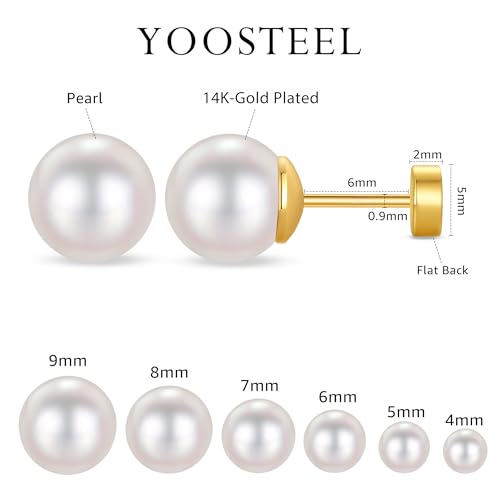 6 Pairs Hypoallergenic Flat Back Earrings for Women Girls,Stud Earring Set | Cartilage Earrings for Sensitive Ears,Cubic Zirconia Ball Pearl Earring,Screw Back Helix Conch Piercing Sets,Jewelry Gifts - color: Pearl-14K-Gold-Plated