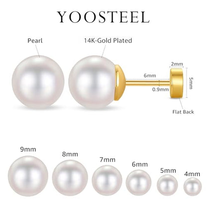 6 Pairs Hypoallergenic Flat Back Earrings for Women Girls,Stud Earring Set | Cartilage Earrings for Sensitive Ears,Cubic Zirconia Ball Pearl Earring,Screw Back Helix Conch Piercing Sets,Jewelry Gifts - color: Pearl-14K-Gold-Plated