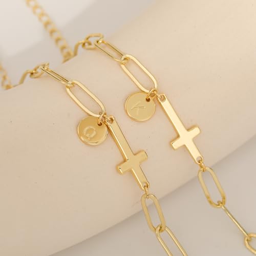 Gold Bracelets for Women,14K Gold-Plated Dainty A-Z Letter Cross Initial Bracelet for Women, Hypoallergenic Paperclip Chain Bracelets Fashion Accessories Religious Christian Gift - color: T