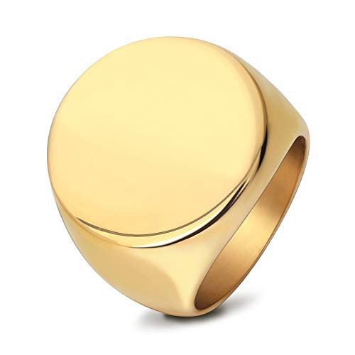 MYNENEY Stainless Steel Round Shape Classical Simple Plain Wedding Engagement Statement Pinky Band Signet Rings for Men Women Size 4-15 - color: Men Size Gold