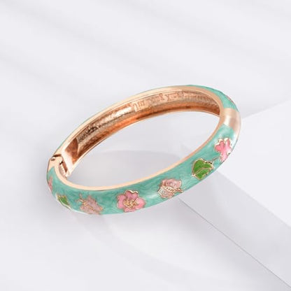 UJOY Cloisonne Bracelet Butterfly Hinge Indian Cuff Bangle Enameled Jewelry Flower Bracelets for Women Gift Box 55A114 - color: A67-2 Pcs/Set-Green and Pink