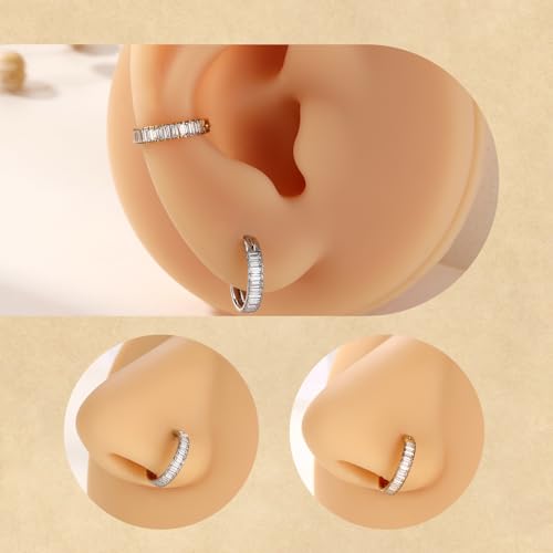 FUNLMO 316L Surgical Steel Hinged Segment Ring Conch Helix Septum Piercing Jewelry Nose Ring Hoop Cartilage Huggie Earring Baguette Gems Thick Hoop Earring - color: Gold