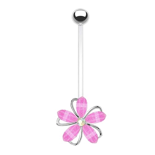VERAMI 14G 38mm Pregnancy Belly Button Rings Flexible Bioplast Long Bar Flower Belly Rings for Maternity Clear Navel Piercing Retainer - color: Silver-pink flower
