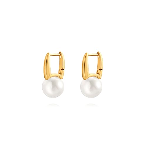 925 Sterling Silver Hoop Handpicked AAA+ Quality 7.5-8mm White Freshwater Cultured Pearl Dangle Drop Earrings Jewelry for Women - color: 8. Gold Plated Barrel