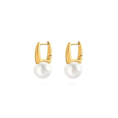 925 Sterling Silver Hoop Handpicked AAA+ Quality 7.5-8mm White Freshwater Cultured Pearl Dangle Drop Earrings Jewelry for Women - color: 8. Gold Plated Barrel