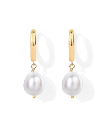 PAVOI 14K Gold Plated S925 Sterling Silver Post Lightweight Drop Dangle Huggie Hoop Earrings for Women | Star, Lock, Pearl, Cross, Lightening, Coin | Dainty Earrings - style: Pearl