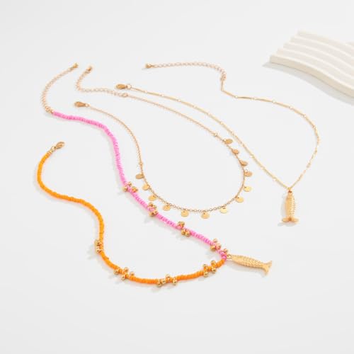 Fish Necklace for Women Handmade Beaded Y Pendant Necklace Colorful Summer Beach Boho Layering Choker Necklaces - color: Gold