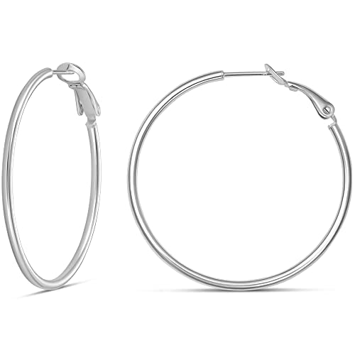 Amazon Essentials Sterling Silver or Gold plated Lightweight Paddle Back Hoop Earrings - color: Silver, size: 40 mm