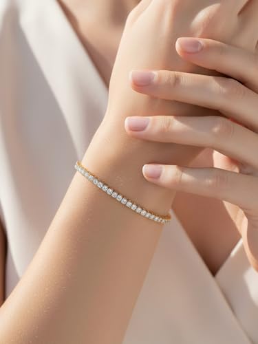 5A Cubic Zirconia Tennis Bracelet for Women, Rhodium/Yellow Gold Plated Hypoallergenic, Birthday Wedding Anniversary Jewelry - color: Prong setting - Yellow Gold