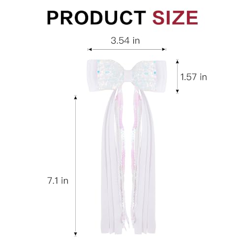 Girls White Sequin Hair Bow Clip with Long Sequin Streamers, Shiny Non-shed | 2Pcs Handmade Ribbon Wrapped Non-slip Alligator Clips, Hair Accessories for Party Daily School Birthday Photo Shoots - color: White