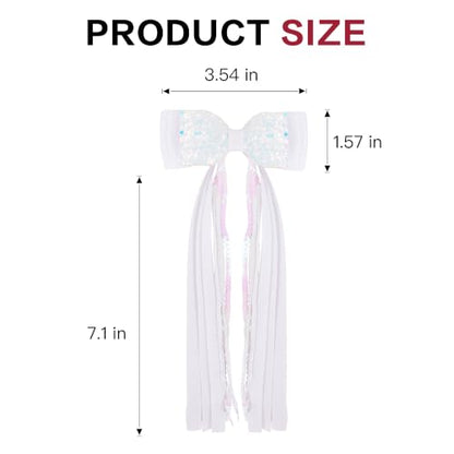 Girls White Sequin Hair Bow Clip with Long Sequin Streamers, Shiny Non-shed | 2Pcs Handmade Ribbon Wrapped Non-slip Alligator Clips, Hair Accessories for Party Daily School Birthday Photo Shoots - color: White