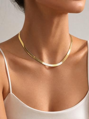 14K Gold/Silver Plated Stainless Steel Herringbone Necklace for Women, Dainty Snake Chain Choker, Trendy Simple Long Layered Jewelry, Non Tarnish 4mm Flexible Flat Necklace, Made in Italy - color: G-22