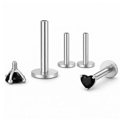 Titanium Heart CZ Labret Stud Earrings for Piercings by Ginger Lyne 6Pc Set G23 Screw Front Flat Back Body Jewelry 2 pair post 6mm, 8mm Cartilage, Helix, Tragus, Lip, Conch, Lobe - color: 3mm-Black