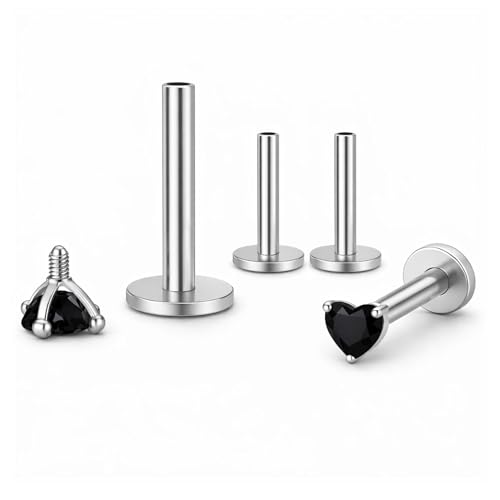 Titanium Heart CZ Labret Stud Earrings for Piercings by Ginger Lyne 6Pc Set G23 Screw Front Flat Back Body Jewelry 2 pair post 6mm, 8mm Cartilage, Helix, Tragus, Lip, Conch, Lobe - color: 3mm-Black